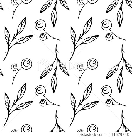Seamless floral pattern. Endless botanical background. Spring flowers, wildflowers, repeating print. Black and white natural texture for fabric, textile design. Flat graphic vector illustration 111679758