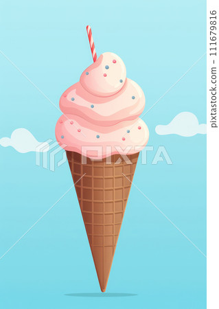 AI-generated content. Sweet Summer Delights: A Whimsical Illustration of Delicious Ice Cream Cones, Creamy and Tasty, with Cold Vanilla and Chocolate Flavors, on a Pink Wafer Cone Background. 111679816