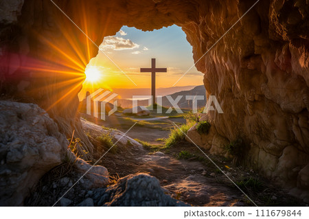 Dramatic Sunset at Golgotha Cross on Calvary Hill 111679844