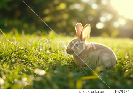 Bunny in Lush Green Field on Golden Hour 111679925