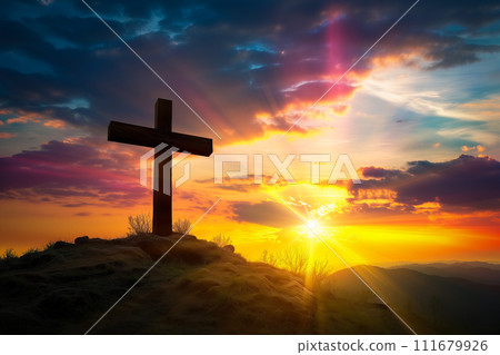 Jesus cross on Calvary Hill Dramatic Sunset at Golgotha 111679926