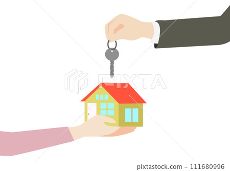 Hand of a businessman handing the house key to a woman 111680996