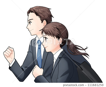 Young man and woman in suits running, upper body sideways, white background 111681250