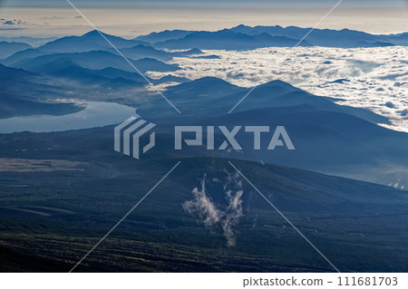 Lake Yamanaka and Tanzawa mountains seen from Mt. Fuji and Mt. Hoei ridgeline 111681703