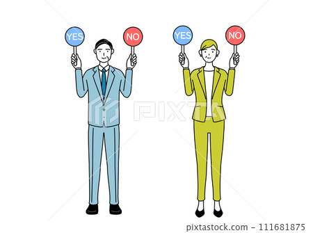 A simple line drawing illustration of a man and a woman (seniors, managers, managers) in suits holding sticks that indicate correct and incorrect answers. 111681875