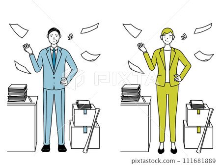 A simple line drawing illustration of a man and a woman (seniors, managers, managers) in suits who are tired of untidy work. A simple line drawing illustration of a man and a woman (seniors, managers, managers) in suits who are tired of untidy work. 111681889