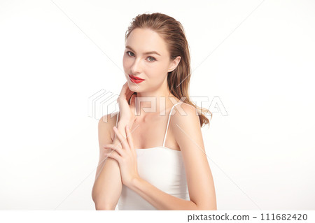 Beautiful young woman with clean fresh skin on white background, Face care, Facial treatment, Cosmetology, beauty and spa, women portrait. 111682420