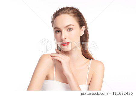 Beautiful young woman with clean fresh skin on white background, Face care, Facial treatment, Cosmetology, beauty and spa, women portrait. Beautiful young woman with clean fresh skin on white background, Face care, Facial treatment, Cosmetology, beauty and spa, women portrait. 111682430