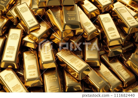 Pile of gold nuggets, gold bars 111682440