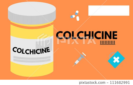 Colchicine tablet close up of medication used to treat gout and Behcet disease, pericarditis, familial mediterranean fever Colchicine tablet close up of medication used to treat gout and Behcet disease, pericarditis, familial mediterranean fever 111682991