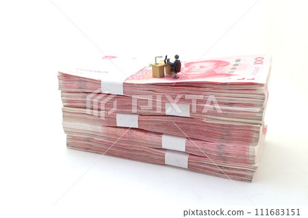 security worker on Stacks of Chinese Yuan Banknotes security worker on Stacks of Chinese Yuan Banknotes 111683151