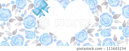 Background illustration of a heart-shaped frame on a blue watercolor rose background - landscape Background illustration of a heart-shaped frame on a blue watercolor rose background - landscape 111683234