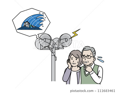 Illustration of an elderly couple surprised by the sound of a large tsunami warning siren 111683461