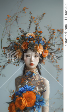 Portrait of a woman surrounded by colorful flowers (AI generated image) 111684008