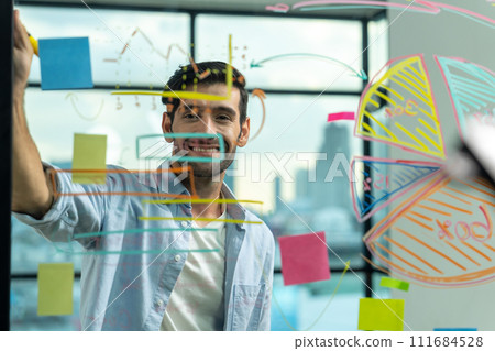 Skilled caucasian business people looking at camera while standing. Tracery. 111684528