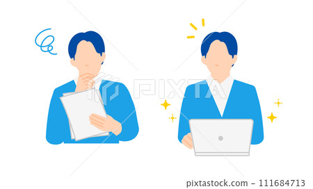 Illustration of a man with a worried expression looking at documents and a man with a cheerful expression in front of a computer Illustration of a man with a worried expression looking at documents and a man with a cheerful expression in front of a computer 111684713