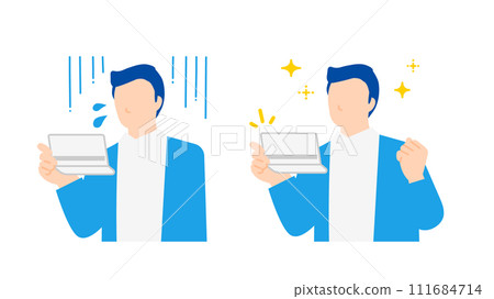Illustration of a man who is shocked to see his bankbook and a man with a cheerful expression Illustration of a man who is shocked to see his bankbook and a man with a cheerful expression 111684714