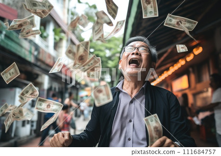 AI-generated content. Happy person getting bonus money and banknotes flying in the air comeliness 111684757