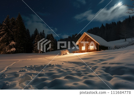 AI-generated content. Secluded Log Cabin in Snowy Forest at Twilight. Resplendent. 111684778