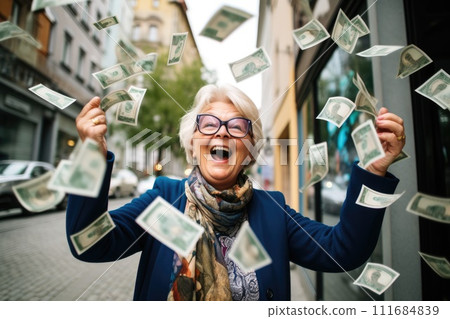 AI-generated content. Happy person getting bonus money and banknotes flying in the air comeliness AI-generated content. Happy person getting bonus money and banknotes flying in the air comeliness 111684839