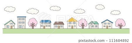 Illustration of a simple spring cityscape. house, tree, vector, icon 111684892