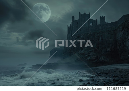 AI-generated content. A medieval castle on a misty cliff, overlooking a turbulent sea. Resplendent. 111685219