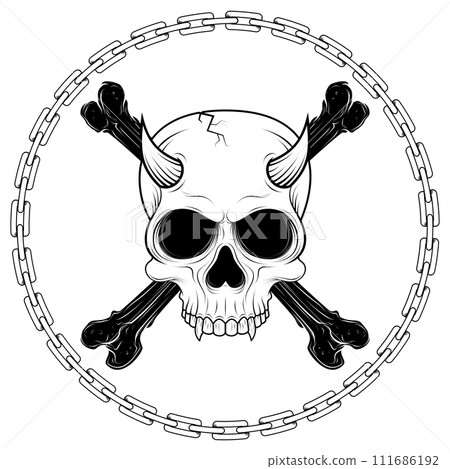 Bone skull surrounded by chains 111686192