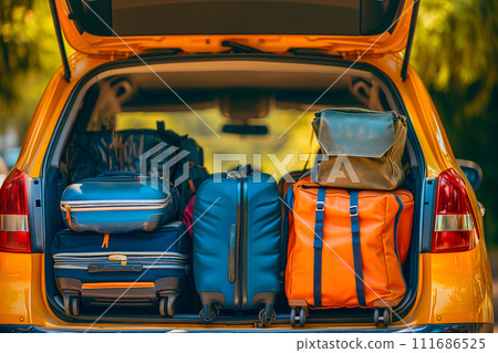 AI-generated content. modern SUV car trunk open and full of suitcases and bags to return from summer holidays 111686525