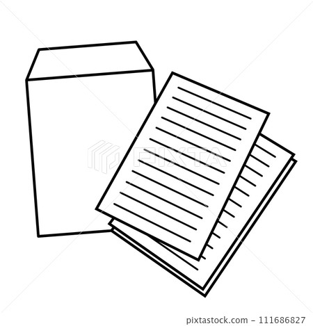 Line drawing icon illustration of multiple documents and materials and an envelope 111686827