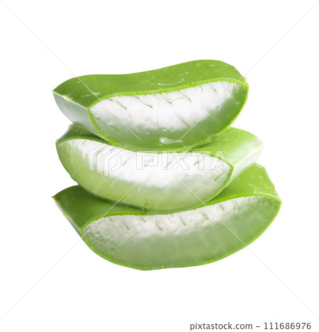 Close-up of organic green fresh aloe vera transparent gel isolated on a white background, Aloe vera cut into small pieces isolated on a white background Close-up of organic green fresh aloe vera transparent gel isolated on a white background, Aloe vera cut into small pieces isolated on a white background 111686976