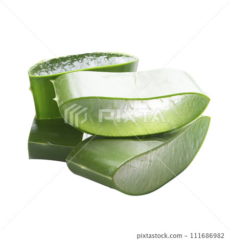 Close-up of organic green fresh aloe vera transparent gel isolated on a white background, Aloe vera cut into small pieces isolated on a white background Close-up of organic green fresh aloe vera transparent gel isolated on a white background, Aloe vera cut into small pieces isolated on a white background 111686982