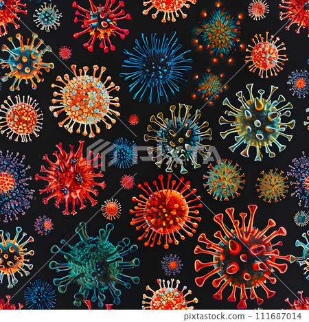 AI-generated content. Seamless texture and background of microscopic view of coronaviruses. AI-generated content. Seamless texture and background of microscopic view of coronaviruses. 111687014
