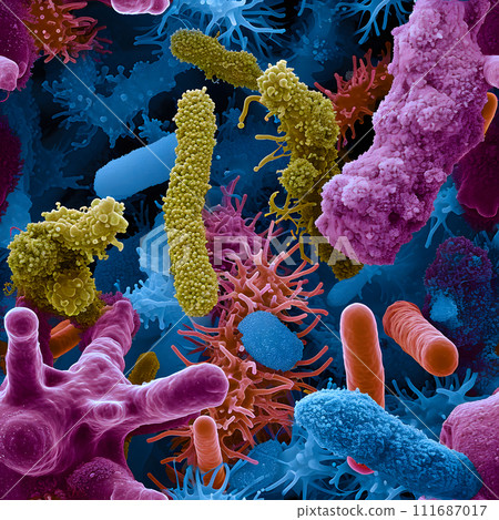 AI-generated content. Seamless texture and background of diverse colorful abstract microorganisms 111687017