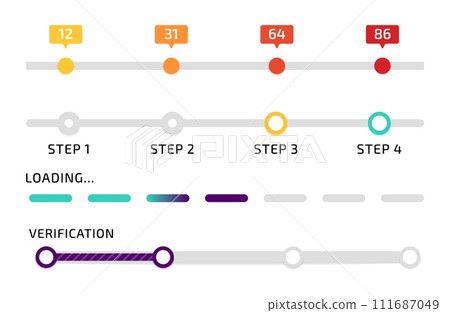Progress bar. Infographic design. Chart numbers. Loading process. Measurement line. Sequence step icons. Verification phases. Diagram levels. Business presentation. Vector data indicator elements set Progress bar. Infographic design. Chart numbers. Loading process. Measurement line. Sequence step icons. Verification phases. Diagram levels. Business presentation. Vector data indicator elements set 111687049
