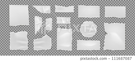 Paper torn. Newspaper cutout, texture old white sheet, piece edge different forms, frame page, scrap border, shred notepad, blank empty notebook or memo sheets, note fragment. Vector background mockup 111687087