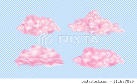 Cloud pink. Dream sky cloudy, fairytale fog, smoke texture isolated on blue, space unicorn, abstract various forms fluffy bubbles, light realistic transparent elements, weather sign. Vector background 111687089