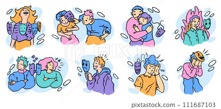 Emotion acting hidden. Fake mask. Couple relationship. Person with smile face disguise. Human psychology problem. Mental health. Positive mind. Men and women insincerity. Vector hypocrisy concepts set Emotion acting hidden. Fake mask. Couple relationship. Person with smile face disguise. Human psychology problem. Mental health. Positive mind. Men and women insincerity. Vector hypocrisy concepts set 111687103