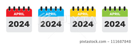 April 2024 calendar in four different colors. 2024 april calendar icon set in red, blue, yellow and green color. April month flat calender icon set isolated on white background.  111687848