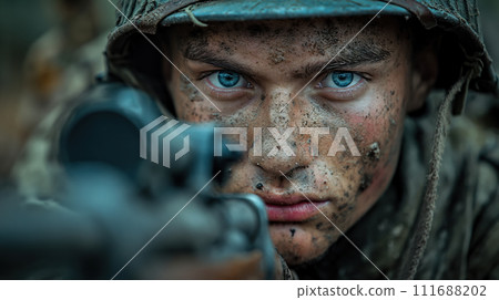 Cinematic of World War II soldiers. Military operation and War Concept. Generative Ai. 111688202