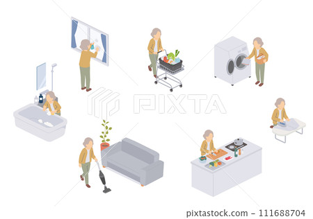一位老年婦女做家事的等距插圖 111688704