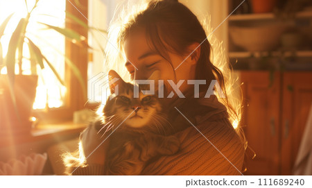 A smiling person holding a pet, captured in a warm, sunlit space, illustrating the role of companionship in mental health 111689240
