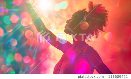 Woman Dancing with Headphones, Expressing Joyful Freedom Woman Dancing with Headphones, Expressing Joyful Freedom 111689431