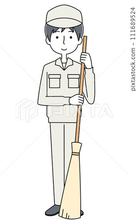 Illustration of a man in work clothes holding a bamboo broom Illustration of a man in work clothes holding a bamboo broom 111689524