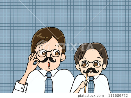 A father and son with beards and glasses are standing side by side. Children imitate their fathers. 111689752