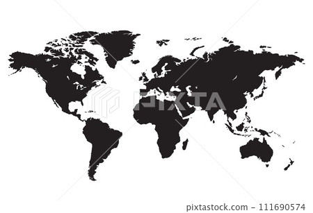 Black and white world map silhouette on white background. 111690574