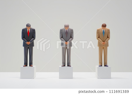 Three company executives bowing their heads deeply at an apology press conference (3D) Three company executives bowing their heads deeply at an apology press conference (3D) 111691389