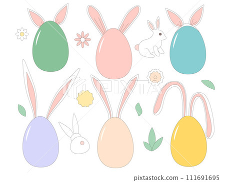 Easter eggs with bunny ears set isolated on white background. Vector flat illustration on pastel color 111691695