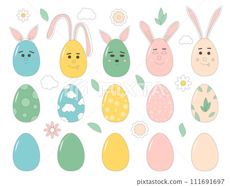 Easter eggs set isolated on white background. Cute mascot spring holiday symbol. Vector flat with outline illustration on pastel color. 111691697