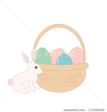 Basket with Easter eggs and cute bunny rabbit. Spring holiday event symbol. Vector flat with outline illustration on pastel color Basket with Easter eggs and cute bunny rabbit. Spring holiday event symbol. Vector flat with outline illustration on pastel color 111691698