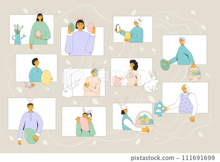 Easter exchange gifts event online. People with eggs, bunny ears celebration spring holiday together with internet. Friends and family spend vacation time. Vector flat illustration Easter exchange gifts event online. People with eggs, bunny ears celebration spring holiday together with internet. Friends and family spend vacation time. Vector flat illustration 111691699